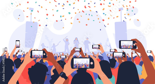 Crowd filming concert with smartphones under confetti.