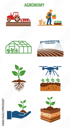 Agronomy Icons: Farming, Agriculture, Technology, and Plant Growth Concepts