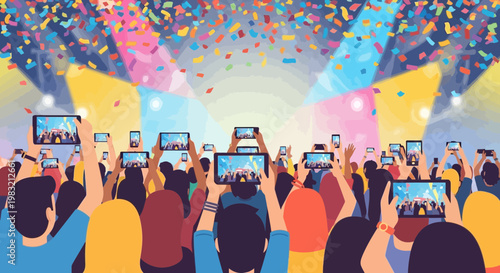 Crowd holding up phones and tablets at a concert.