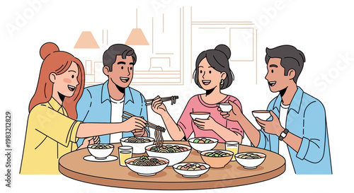 Diverse group of friends enjoying a meal together.