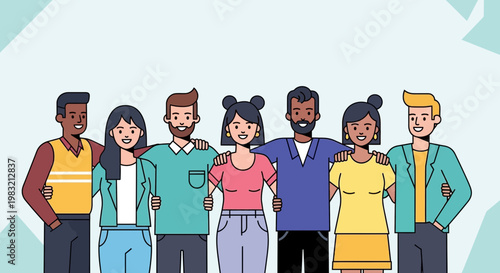 Diverse group of friends standing together arm in arm.