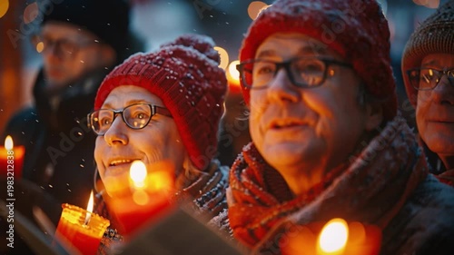 Wallpaper Mural Carolers clad winter garb sing joyfully snowy evening, their candlelit faces aglow with festive cheer, radiating warmth amidst cold winter surroundings, filling atmosphere with lively music happiness Torontodigital.ca