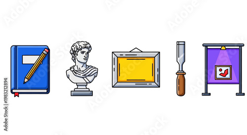 Artistic Icons: Book, Bust, Frame, Chisel, Easel with Painting