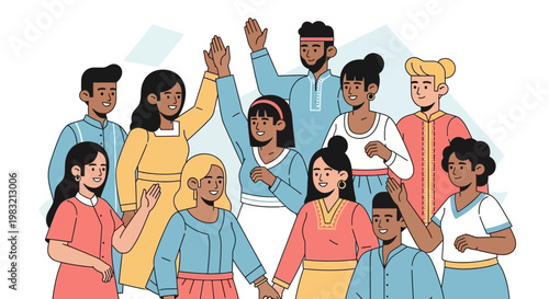 Diverse group of people celebrating together happily.