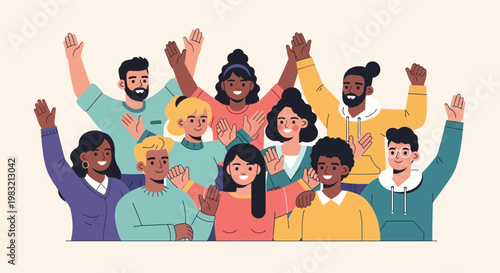 Diverse Group of People Celebrating Together with Raised Hands.