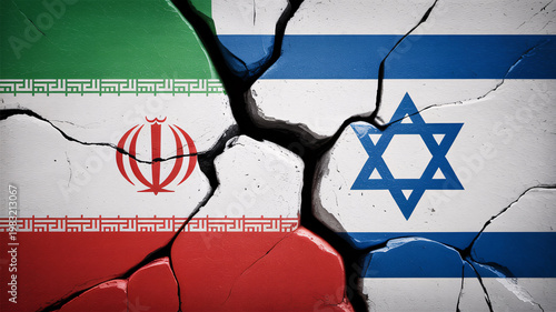 A cracked image depicting the flags of Iran and Israel, symbolizing geopolitical conflict and tension between the two nations.