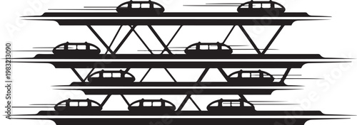 Monochrome highway overpass, elevated roadways, traffic silhouettes, urban infrastructure