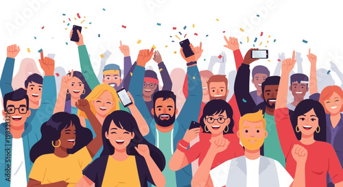 Diverse group of people celebrating with confetti and phones.