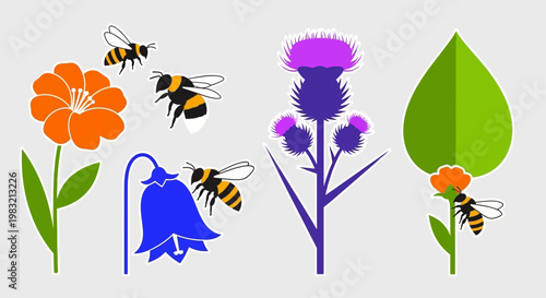 Bees pollinating flowers in a garden, vibrant nature illustration