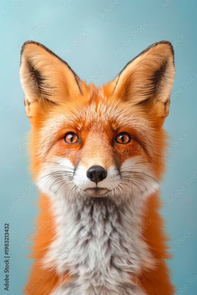 Fototapeta premium Red fox portrait against soft blue background. Fox has bright amber eyes and alert ears. Fur shows rich orange and white markings. Perfect for wildlife, nature, or editorial content