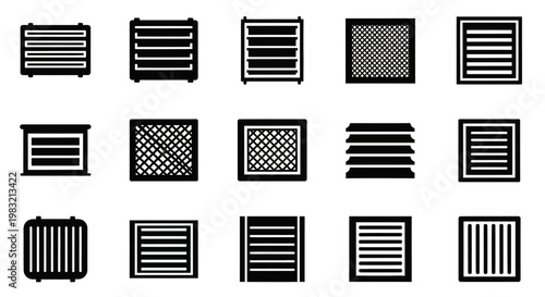 Ventilation grille icons, air vent symbols, ventilation cover designs, 15 black and white vector graphics