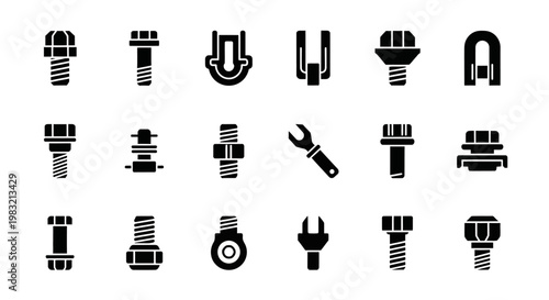 Industrial bolt and screw icons, black metal hardware symbols, mechanical fastener set, 16 vector graphics