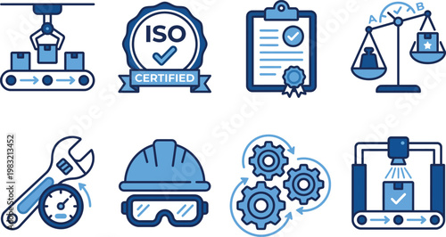 Quality control and industrial standards icon set in blue tones