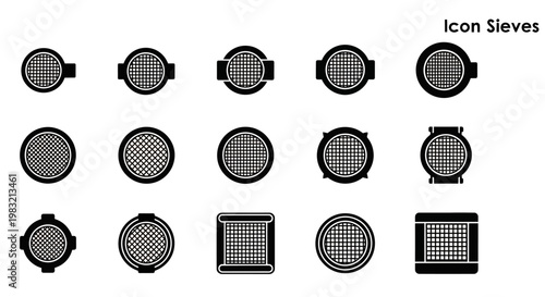 Icon Sieves, Sieve Icons, Kitchen Symbols, Black and White Graphics, Vector Icons Set