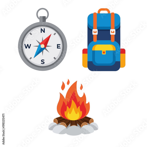 Camping Gear: Backpack, Compass, and Campfire Icons for Outdoor Adventure
