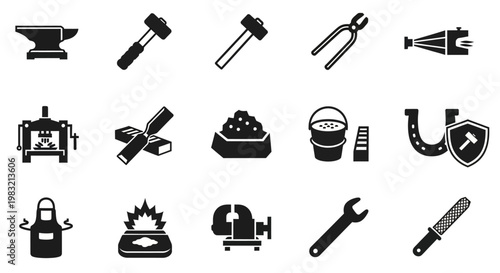 Black and white, 20 blacksmithing tools icons set, vector graphics, industrial, metalwork symbols