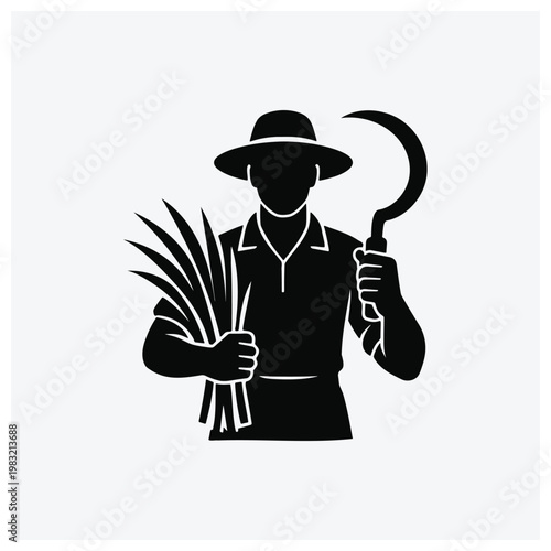 Farmer silhouette holding scythe and wheat