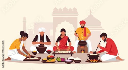 Diverse group of people preparing and enjoying a traditional Indian feast.