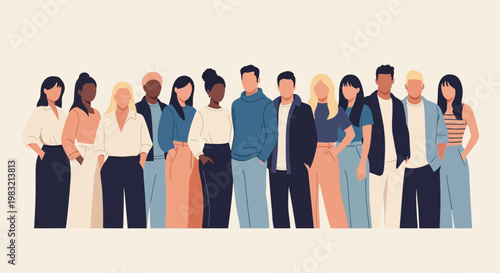 Diverse Group of People Standing Together in a Line.