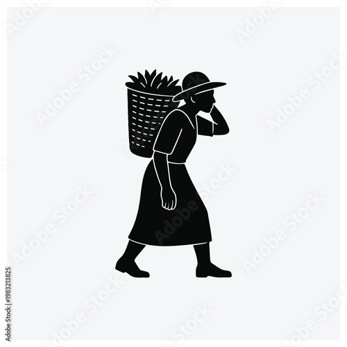 Silhouette of a woman with a basket, farmer, harvest
