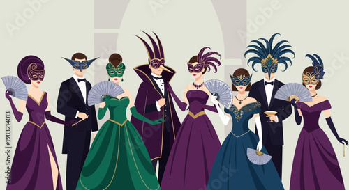 Elegant Masquerade Ball Characters in Venetian Costumes.