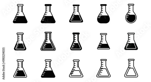 Laboratory, Beaker, Science Icons, Black and White, 16 Vector Beakers