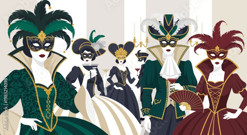 Elegant Masquerade Ball Costumes People Wearing Masks.