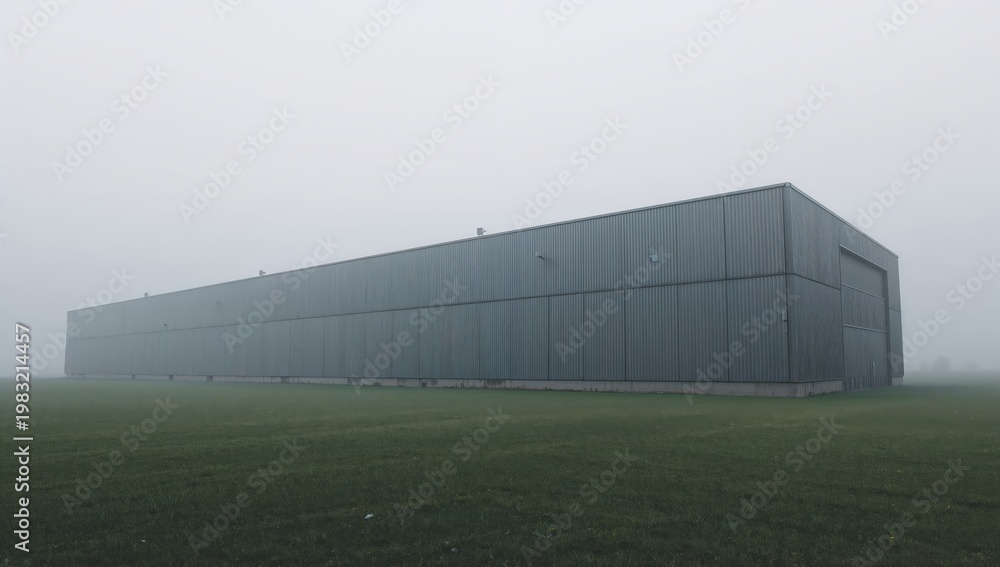 Obraz premium Contemporary warehouse building surrounded by thick fog emphasizing minimalism geometry and empty industrial environment