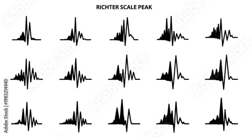 Richter Scale, Seismic Waves, Earthquake Icons, Vector Set of 16