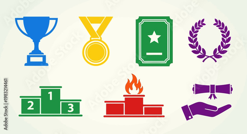 Collection of Award and Achievement Icons: Trophy, Medal, Diploma, Laurel Wreath, Podium