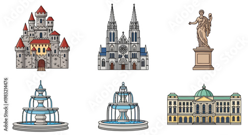 Collection of Architectural Icons: Castle, Cathedral, Statue, Fountains, and Government Building
