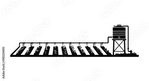 Silhouette of an agricultural irrigation system with a water tank and crop rows
