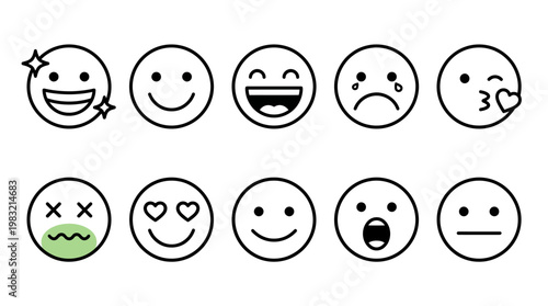 Ten circular emoji faces displaying a range of emotions from happiness and laughter to surprise, sadness and sickness, flat design reaction icons for UI, social media, and communications.