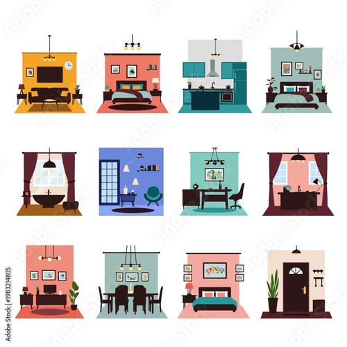 Collection of Modern Interior Design Rooms, Home Decor Styles, Flat Illustration