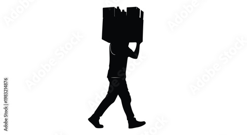 Silhouette of man carrying large box on head walking alone in white background, symbolizing struggle or burden, isolated black figure