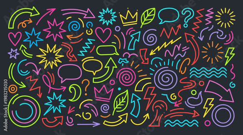 Vibrant colorful doodle pattern with arrows, lightbulbs, stars and assorted icons on a dark background for creative designs and backgrounds