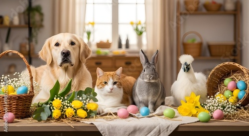 Golden retriever dog orange cat rabbit and silkie chicken with easter eggs flowers and baskets on wooden table. Festive spring pets arrangement. Cute animal friendship for holiday celebration and 