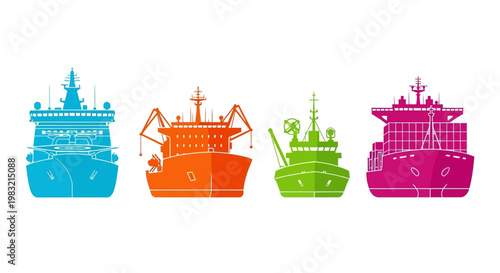 Colorful Cargo Ships and Container Ship Silhouettes on White Background