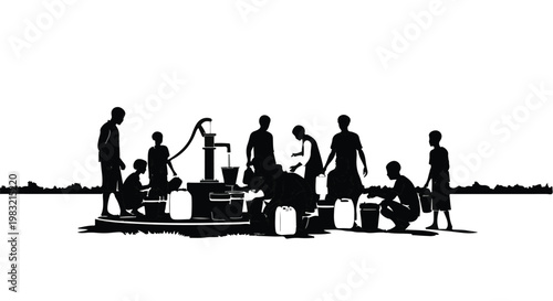Silhouette of people gathering water at a community hand pump