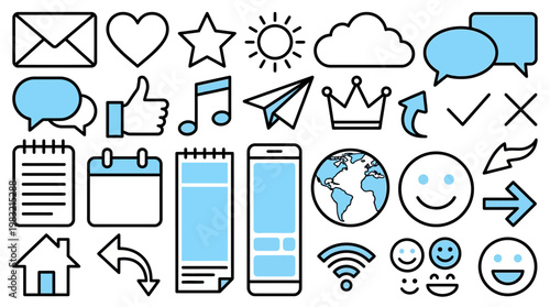 Comprehensive collection of tech and social media icons including smartphones, tablets, cloud, email, calendar, notes, and emojis