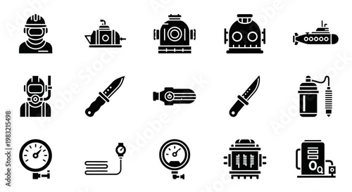 Industrial tools, machinery icons, black silhouette set, 16 symbols, industrial equipment, manufacturing, vector graphics