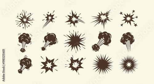 Comic Explosion Burst Vector Icons Set for Pop Art Design Elements Silhouette Blast Smoke and Spark