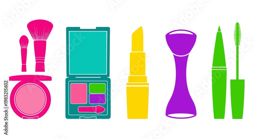 Colorful Makeup Products Collection: Lipstick, Mascara, Eye Shadow, Blush, Brushes