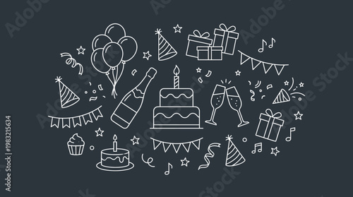 Valokuva Chalkboard-style birthday party illustration featuring a candlelit cake, balloons, gifts, bunting, and toasting glasses