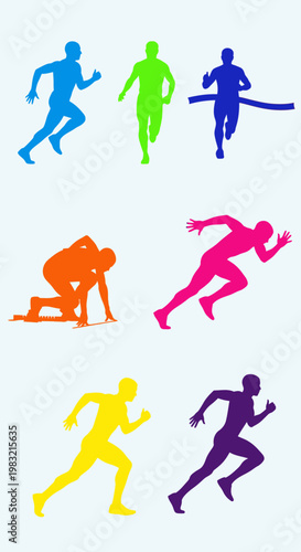 Colorful Runner Silhouettes: Diverse Athletes in Motion, Sprinting and Finishing Race