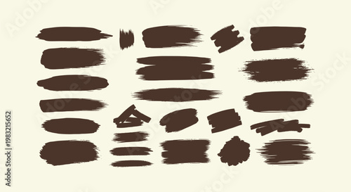 Set of Dark Brown Ink Brush Strokes Hand Drawn Grunge Paint Texture Vector Elements for Design