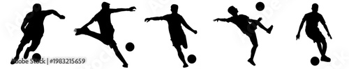  football soccer player silhouette set. football various kicking and dribbling poses with ball. isolated black figures on transparent background, perfect for sports design, icons, and motion graphics.