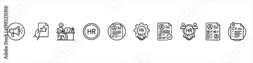 Human Resources and Recruitment Icon Set - Collection of vector line icons representing hiring process, job search, resume evaluation, and employment management.
