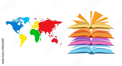 Colorful World Map and Stack of Open Books, Global Education Concept