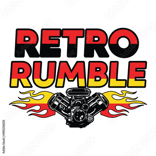 Retro Rumble logo with engine and flames on white background tshirt design